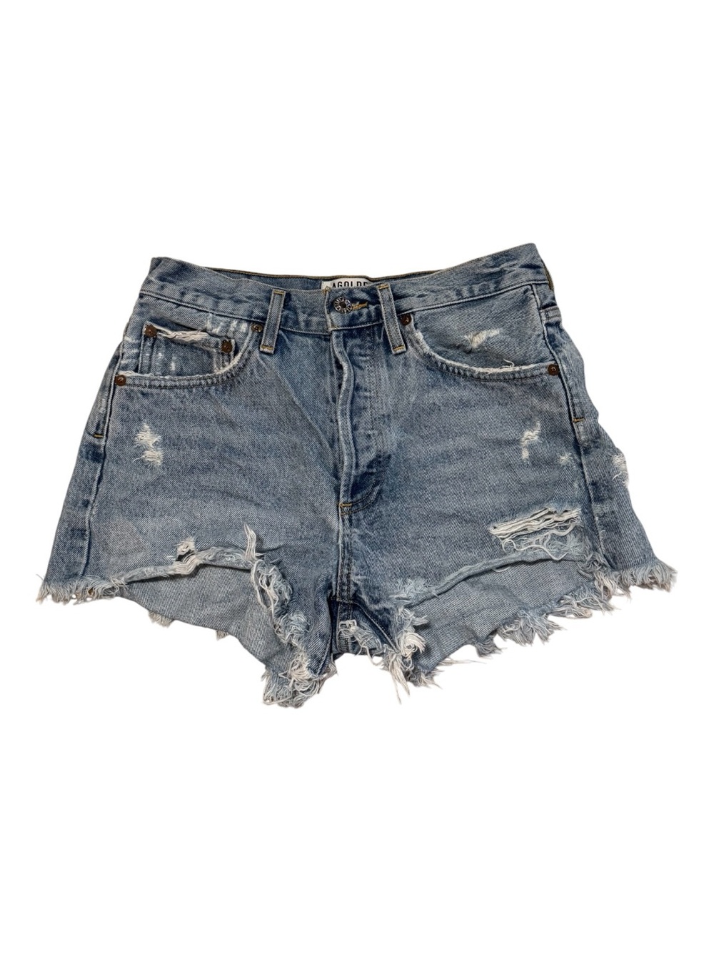 Agolde Light Blue Distressed Frayed Hem Denim Shorts